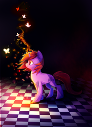 Size: 1300x1800 | Tagged: safe, artist:aquagalaxy, derpibooru import, oc, oc only, oc:dawnfire, butterfly, pony, unicorn, checkered floor, female, glowing, glowing horn, horn, magic, mare, solo, unicorn oc