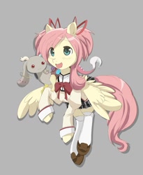 Size: 794x970 | Tagged: safe, artist:jitterbugjive, derpibooru import, discord, fluttershy, incubator (species), pegasus, pony, clothes, cosplay, costume, duo, gray background, kyubey, madoka kaname, magical girl, puella magi madoka magica, school uniform, simple background, species swap, uniform