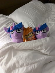 Size: 3024x4032 | Tagged: safe, artist:tjpones, derpibooru import, twilight sparkle, unicorn twilight, pony, unicorn, g4, bed, cheetos, duo, duo female, female, filly, filly twilight sparkle, foal, horn, in bed, irl, photo, plushie, self paradox, self ponidox, squatpony, twiggie, younger