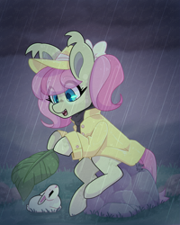 Size: 2000x2500 | Tagged: safe, artist:lionbun, derpibooru import, angel bunny, fluttershy, oc, oc:june breeze, earth pony, pony, rabbit, animal, baby bunny, child, cute, duo, ear tufts, earth pony fluttershy, eye clipping through hair, female, filly, foal, leaf, race swap, rain, raincoat, redesign, sitting, stormy, wholesome