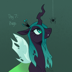 Size: 856x864 | Tagged: safe, artist:beyhr, derpibooru import, queen chrysalis, changeling, changeling queen, spider, g4, big eyes, black body, changeling horn, changeling wings, colored pupils, crown, cute, cute little fangs, eyelashes, fangs, gradient background, gradient mane, green eyes, green mane, green pupils, green text, half body, horn, insect wings, jewelry, long mane, looking at something, ponytober, ponytober 2024, profile, regalia, signature, slit eyes, smiling, smiling at something, solo, spread wings, textured background, thick horn, wings