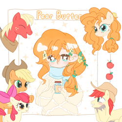 Size: 985x985 | Tagged: safe, artist:atism62355, derpibooru import, apple bloom, applejack, big macintosh, bright mac, pear butter, earth pony, human, pony, apple, blushing, bow, bust, clothes, eyes closed, female, filly, flower, flower in hair, foal, food, hair bow, hat, humanized, joke, male, mare, passepartout, pear jam, scarf, smiling, sparkles, stallion, sweater, text, unshorn fetlocks, upper body