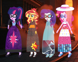 Size: 1344x1068 | Tagged: safe, artist:cartoonmasterv3, derpibooru import, pinkie pie, rarity, sunset shimmer, twilight sparkle, ghost, human, undead, equestria girls, g4, clothes, dress, haunted, japanese, kimono (clothing), long dress, long skirt, maid, nerd, skirt, summer dress