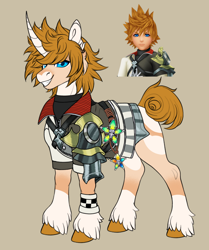 Size: 1280x1534 | Tagged: safe, artist:malinraf1615, derpibooru import, human, pony, unicorn, beige background, coat markings, commission, facial markings, grin, horn, kingdom hearts, male, ponified, simple background, smiling, snip (coat marking), socks (coat marking), solo, species swap, stallion, unshorn fetlocks, ventus