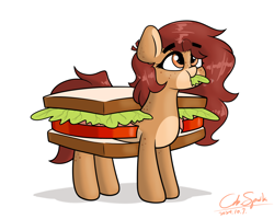 Size: 2500x2000 | Tagged: safe, artist:cdrspark, derpibooru import, oc, oc only, oc:pencil test, earth pony, pony, cute, earth pony oc, eating, eyebrows, eyebrows visible through hair, female, nom, panini, ponies in food, sandvich, simple background, solo, white background