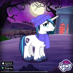 Size: 1080x1080 | Tagged: safe, derpibooru import, idw, shining armor, pony, unicorn, reflections, spoiler:comic, alternate cutie mark, clothes, game screencap, gameloft, hat, horn, mirror universe, moon, night, scarf, solo, tired