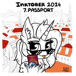 Size: 1000x1000 | Tagged: safe, artist:sunamoonmlp, derpibooru import, oc, oc only, oc:sunamoon, alicorn, pony, g4, cute, estonia, female, horn, inktober, inktober 2024, passport, solo, sunglasses, tongue, tongue out, wings