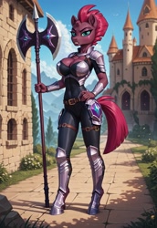 Size: 1280x1856 | Tagged: safe, ai content, derpibooru import, machine learning generated, tempest shadow, anthro, unguligrade anthro, g4, my little pony: the movie, armor, axe, big breasts, bodysuit, breasts, castle, cleavage, clothes, greaves, horn, looking at you, pauldron, prompter:blazerhuge42, tasset, vambrace, weapon