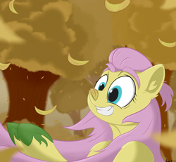 Size: 2600x2400 | Tagged: safe, artist:rapid9, derpibooru import, fluttershy, pegasus, pony, autumn, forest, grin, leaf on nose, leaves, nature, smiling, solo, tree