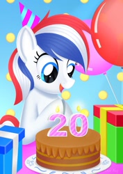 Size: 1240x1754 | Tagged: safe, artist:leonkay, derpibooru import, oc, oc:britannia (uk ponycon), pony, balloon, birthday cake, cake, female, food, mare, no neck, present, solo