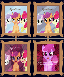 Size: 2000x2400 | Tagged: safe, artist:sixes&sevens, derpibooru import, apple bloom, berry punch, berryshine, scootaloo, sweetie belle, comic, cutie mark crusaders, mirror, scared