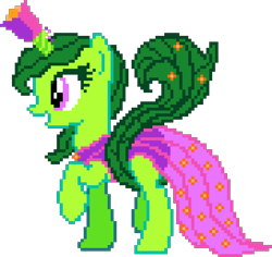 Size: 910x860 | Tagged: safe, artist:manwaffles, derpibooru import, oc, oc only, oc:flora, pony, unicorn, clothes, digital art, dress, female, flower, horn, manepxls, mare, pixel art, pxls.space, raised hoof, raised leg, side view, simple background, solo, transparent background