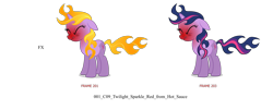 Size: 2400x972 | Tagged: safe, derpibooru import, twilight sparkle, unicorn twilight, pony, unicorn, g4, eyes closed, female, fire, horn, leak, mare, my little pony adventures, official, simple background, solo, spicy, transparent background