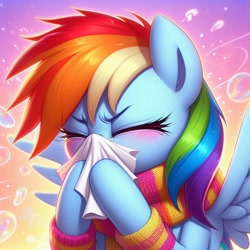 Size: 1024x1024 | Tagged: safe, ai content, derpibooru import, generator:bing image creator, generator:dall-e 3, machine learning generated, rainbow dash, pegasus, g4, clothes, female, mare, nose blowing, prompter:heydude5321, scarf, solo, tissue