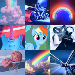 Size: 5306x5306 | Tagged: safe, derpibooru import, edit, edited screencap, screencap, rainbow dash, pegasus, pony, g4, aesthetics, basketball, cool, driving, guitar, headphones, moodboard, motorcycle, multicolored hair, musical instrument, pink eyes, rainbow, rainbow background, rainbow hair, rock, sky, solo, sports