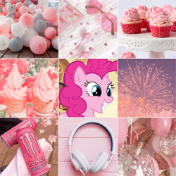 Size: 5306x5306 | Tagged: safe, derpibooru import, edit, edited screencap, screencap, pinkie pie, earth pony, pony, g4, aesthetics, balloon, blue eyes, cake, cupcake, cute, drink, energy drink, fireworks, food, glasses, headphones, ice cream, monster energy, moodboard, pink, pink background, pink mane, simple background, solo