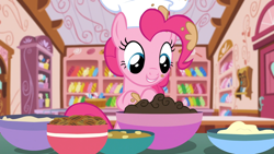 Size: 1920x1080 | Tagged: safe, derpibooru import, screencap, pinkie pie, pony, g4, the lost treasure of griffonstone, batter, bowl, chef's hat, food, hat, kitchen, solo, sugarcube corner