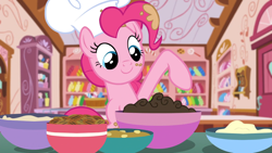 Size: 1920x1080 | Tagged: safe, derpibooru import, screencap, pinkie pie, pony, g4, the lost treasure of griffonstone, batter, bowl, diapinies, food, hat, kitchen, solo, sugarcube corner, toque