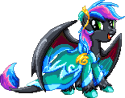 Size: 1085x854 | Tagged: safe, artist:dragonm97, derpibooru import, oc, oc only, oc:night flare, dracony, dragon, hybrid, clothes, digital art, dress, female, manepxls, open mouth, pixel art, pxls.space, simple background, smiling, solo, transparent background