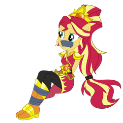 Size: 3000x3000 | Tagged: safe, artist:nie-martw-sie-o-mnie, derpibooru import, sunset shimmer, human, equestria girls, g4, legend of everfree, bondage, bound and gagged, crystal guardian, female, femsub, gag, simple background, sitting, solo, submissive, subset, tape, tape bondage, tape gag, transparent background