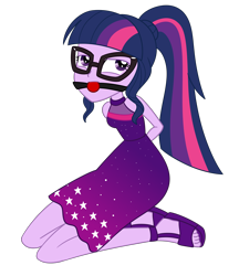 Size: 2000x2313 | Tagged: safe, artist:nie-martw-sie-o-mnie, derpibooru import, sci-twi, twilight sparkle, human, equestria girls, g4, spring breakdown, ballgag, clothes, cruise concert outfit, dress, equestria girls specials, female, femsub, gag, glasses, hands behind back, kneeling, simple background, solo, submissive, transparent background, twisub