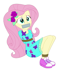 Size: 2000x2000 | Tagged: safe, artist:nie-martw-sie-o-mnie, derpibooru import, fluttershy, human, better together, equestria girls, festival filters, g4, bondage, bound and gagged, female, femsub, flower, flower in hair, fluttersub, gag, rope, rope bondage, shoes, simple background, sneakers, solo, submissive, tape, tape gag, transparent background