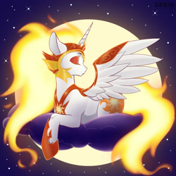 Size: 2000x2000 | Tagged: safe, artist:erein, derpibooru import, daybreaker, alicorn, pony, g4, armor, beautiful, cloud, colored pupils, commission, cute, digital art, ethereal mane, eyelashes, eyes closed, feather, female, flowing mane, flowing tail, gradient background, helmet, hoof shoes, horn, lying down, mane of fire, mare, moonlight, night, peytral, princess shoes, solo, spread wings, starry background, stars, tail, tail of fire, wing armor, wings, ych result