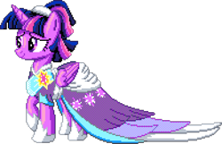 Size: 980x635 | Tagged: safe, artist:dragonm97, derpibooru import, twilight sparkle, twilight sparkle (alicorn), alicorn, pony, g4, the last problem, clothes, digital art, dress, gown, manepxls, pixel art, ponytail, pxls.space, raised hoof, raised leg, second coronation dress, simple background, smiling, solo, transparent background