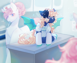 Size: 2200x1800 | Tagged: safe, artist:cofiiclouds, derpibooru import, nurse redheart, oc, oc:serene steppe, bat pony, earth pony, pony, angry, background pony, blaze (coat marking), blonde, blonde mane, clothes, coat markings, doctor's office, examination table, facial markings, fangs, female, filly, foal, mapleverse, shirt, spread wings, wings