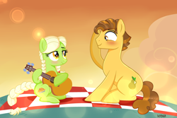 Size: 4000x2678 | Tagged: safe, artist:doraeartdreams-aspy, derpibooru import, grand pear, granny smith, earth pony, pony, g4, alternate universe, base used, blushing, braid, duo, duo male and female, female, guitar, lens flare, male, mare, musical instrument, picnic blanket, ship:pearsmith, shipping, stallion, straight, young grand pear, young granny smith, younger