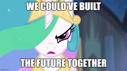 Size: 888x499 | Tagged: safe, derpibooru import, edit, edited screencap, screencap, princess celestia, alicorn, g4, princess twilight sparkle (episode), season 4, caption, close-up, crown, ethereal mane, image macro, imgflip, jewelry, looking at you, meme, peytral, reference, regalia, spoilers for another series, text, transformers, transformers one