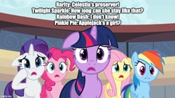 Size: 888x499 | Tagged: safe, derpibooru import, edit, edited screencap, screencap, fluttershy, pinkie pie, rainbow dash, rarity, twilight sparkle, unicorn twilight, earth pony, pegasus, pony, unicorn, g4, season 2, the last roundup, caption, english, female, image macro, imgflip, implied applejack, mare, open mouth, pressure (spongebob episode), reference, shocked, spongebob reference, spongebob squarepants, text