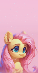 Size: 1024x1941 | Tagged: safe, ai content, derpibooru import, generator:purplesmart.ai, generator:stable diffusion, machine learning assisted, machine learning generated, fluttershy, pegasus, pony, beautiful, big eyes, blushing, cute, ear fluff, ears, fluffy, green eyes, long hair, phone wallpaper, pink, pink background, pink mane, prompter:saltyvity, shyabetes, simple background, smiling, solo, sparkles, wallpaper