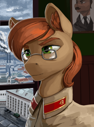 Size: 1560x2100 | Tagged: safe, artist:kelkessel, derpibooru import, oc, oc only, oc:steel stallion, oc:vasily pantsushenko, earth pony, pony, equestria at war mod, bust, city, eaw redux, factory, male, portrait, rain, solo, stalliongrad, window