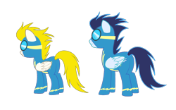 Size: 1000x625 | Tagged: safe, derpibooru import, soarin', pegasus, pony, g4, butt, clothes, concept art, duo, leak, my little pony adventures, official, rear view, simple background, smiling, soarass, surprise (g4), transparent background, uniform, wonderbolts, wonderbolts uniform