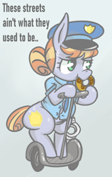 Size: 1136x1800 | Tagged: safe, artist:shrimpshogun, derpibooru import, copper top, earth pony, pony, g4, badge, bipedal, chewing, clothes, cuffs, donut, eating, fat, food, hat, necktie, overweight, peaked cap, police, segway, simple background, socks, standing up, thigh highs, thighs, tight clothing