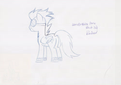 Size: 3507x2480 | Tagged: safe, derpibooru import, pegasus, pony, g4, clothes, concept art, leak, male, my little pony adventures, official, pencil drawing, rear view, sketch, solo, stallion, traditional art, uniform, wonderbolts uniform