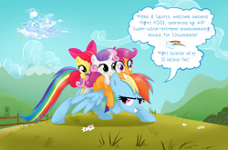 Size: 3029x2000 | Tagged: safe, artist:supersmurgger, derpibooru import, apple bloom, rainbow dash, scootaloo, sweetie belle, pegasus, pony, g4, adorkable, best pony, cloudsdale, compassion, courage, cute, cutealoo, cutie mark crusaders, dashabetes, dork, excited, female, feminism, filly, flying, foal, hero dash, mare, ponies riding ponies, rainbow dash is best pony, rainbow sass, riding, riding a pony, sassabloom, sassasweetes, scootalove, scootasass, sisterly love, squee