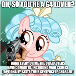 Size: 507x500 | Tagged: safe, derpibooru import, edit, edited screencap, screencap, cozy glow, g4, at gunpoint, cozybetes, cute, gun, idiot, imgflip, impact font, lightly watermarked, meme, oh so you like x? name every y, pointing at you, suddenly hands, this will not end well, threatening, watermark, weapon