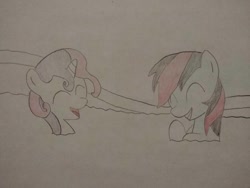 Size: 1040x780 | Tagged: safe, artist:arrowsweetie, derpibooru import, sweetie belle, oc, oc:red arrow, pegasus, pony, unicorn, ^^, bath, duo, eyes closed, female, filly, foal, giggling, horn, laughing, looking at each other, looking at someone, mare, open mouth, open smile, smiling, smiling at each other, traditional art, wet, wet mane