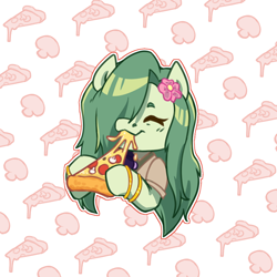 Size: 1350x1350 | Tagged: safe, artist:ladytremaine, derpibooru import, oc, oc only, oc:lamey, lamia, original species, bracelet, clothes, commission, eating, eyes closed, flower, flower in hair, food, gold bracelet, happy, jewelry, long mane, pizza, solo, ych result