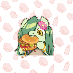 Size: 1350x1350 | Tagged: safe, artist:ladytremaine, derpibooru import, oc, oc only, oc:lamey, lamia, original species, bracelet, burger, clothes, commission, eating, flower, flower in hair, food, gold bracelet, happy, jewelry, long mane, solo, ych result