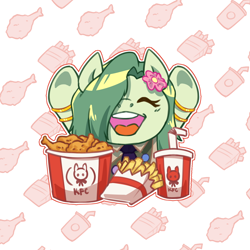 Size: 1350x1350 | Tagged: safe, artist:ladytremaine, derpibooru import, oc, oc only, oc:lamey, lamia, original species, bracelet, chicken meat, clothes, commission, eating, eyes closed, flower, flower in hair, food, french fries, fried chicken, gold bracelet, happy, jewelry, kfc, long mane, meat, open mouth, soda, solo, ych result