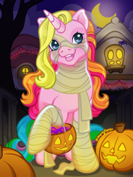 Size: 1800x2400 | Tagged: safe, artist:sparkytopia, derpibooru import, rarity (g3), pony, unicorn, g3, blue eyes, candy, clothes, costume, female, food, halloween, halloween costume, holiday, horn, jack-o-lantern, looking at you, mare, multicolored hair, mummy costume, night, outdoors, pink coat, pumpkin, rainbow hair, signature, solo, ych example