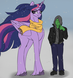 Size: 2622x2808 | Tagged: safe, artist:2hrnap, derpibooru import, twilight sparkle, twilight sparkle (alicorn), oc, oc:anon, alicorn, human, boots, clothes, duo, duo male and female, eyelashes, female, height difference, hoodie, jacket, male, older, older twilight, older twilight sparkle (alicorn), pants, scarf, shoes, size difference, snow, snowfall, unshorn fetlocks