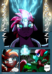 Size: 2481x3508 | Tagged: safe, artist:dsana, derpibooru import, fizzlepop berrytwist, tempest shadow, oc, oc:aunt beet, oc:rust wing, earth pony, pegasus, pony, unicorn, comic:a storm's lullaby, horn