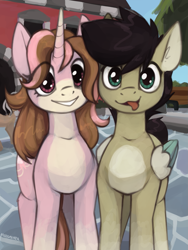 Size: 1183x1575 | Tagged: safe, artist:marsminer, derpibooru import, oc, oc only, oc:daisybell, oc:keith, pegasus, unicorn, cute, friends, happy, horn