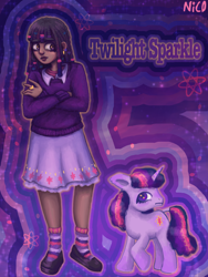 Size: 1536x2048 | Tagged: safe, artist:chaos4cringe, derpibooru import, twilight sparkle, unicorn twilight, human, pony, unicorn, g4, alternate hairstyle, clothes, dark skin, dreadlocks, female, flats, humanized, jewelry, mare, natural hair color, ring, shirt, shoes, skirt, socks, solo, striped socks, sweater