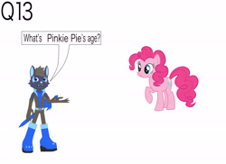 Size: 4495x3266 | Tagged: safe, artist:star153, derpibooru import, pinkie pie, anthro, earth pony, pony, wolf, g4, 13, age, ask, blue, blue eyes, boots, brown, dark pink, ears, hair, hooves, pink, pinky, q13, question, shoes, solo, sword, time, weapon