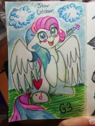 Size: 3120x4160 | Tagged: safe, artist:mashee, derpibooru import, star catcher, pegasus, pony, g3, blushing, catcherbetes, colored, cute, heart, hooves up, light skin, simple background, smiling, solo, spread wings, traditional art, white coat, wings